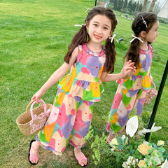 Stylish Floral Sleeveless Set for Girls: Korean-Style Top with Tie-Dye Stars and Ruffled Edges, Plus a Thin Wide-Leg Pants — A Two-Piece Outfit