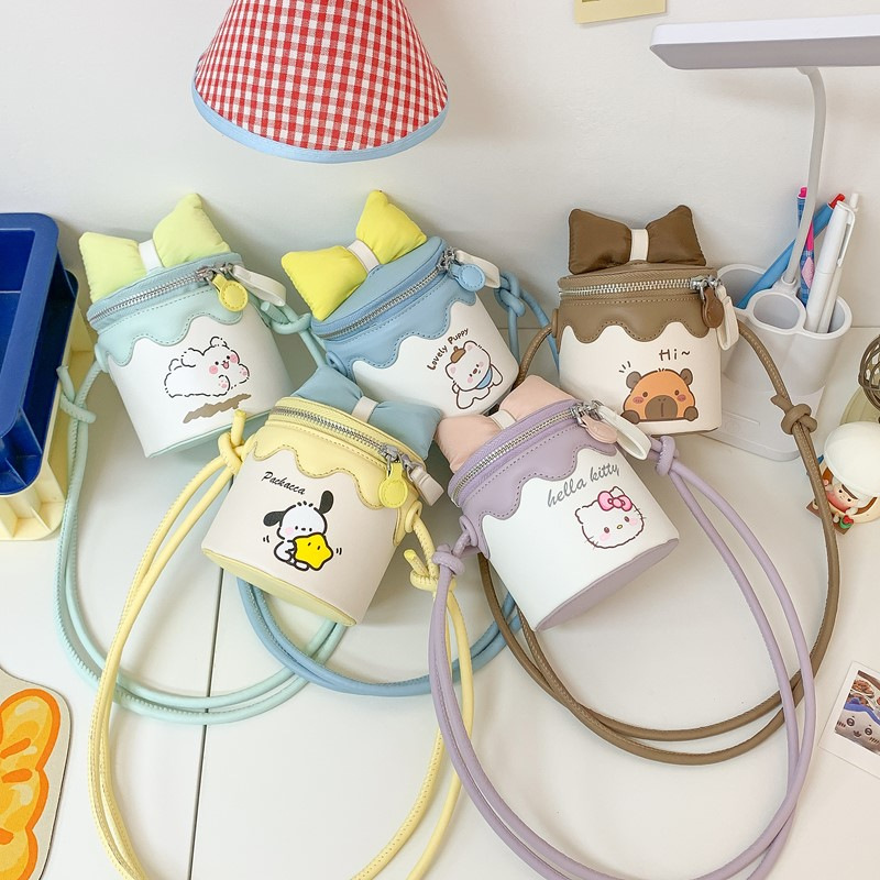 한국어 버전 귀여운 어린이 가방 만화 Bowknot 미니 Crossbody 가방 크리 에이 티브 버킷 동전 지갑 소녀 숄더 백