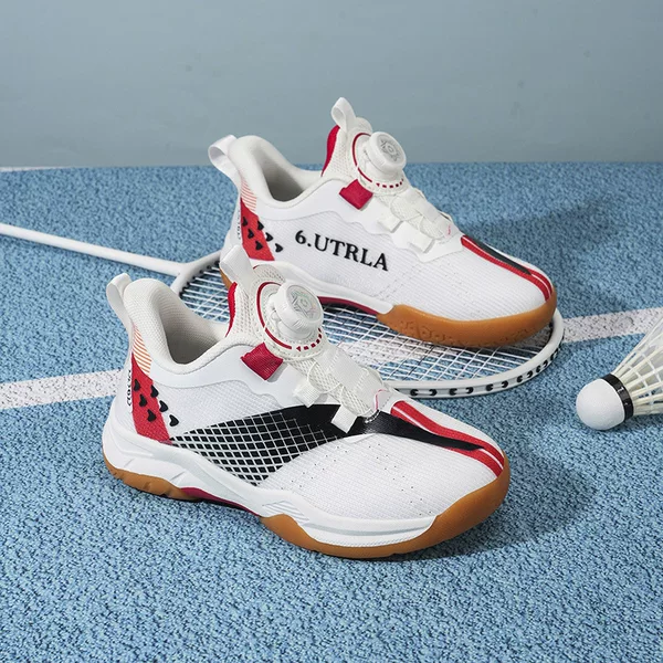 Children's badminton shoes with rotating buckle, no-tie design, breathable, featuring a durable rubber sole for slip resistance and wear resistance, suitable for both boys and girls, and also for table tennis
