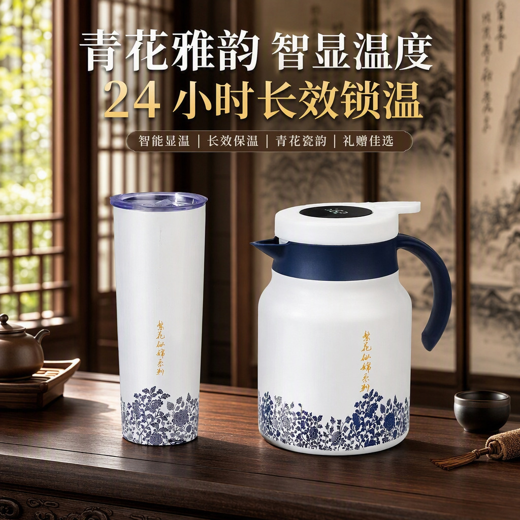 Blue and white intelligent temperature display pot suit large capacity tea separation teapot two-piece set 316 stainless steel stew teapot