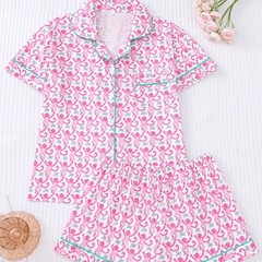 跨境外贸新款女士睡衣印花翻领短袖短裤欧美家居服women pajama