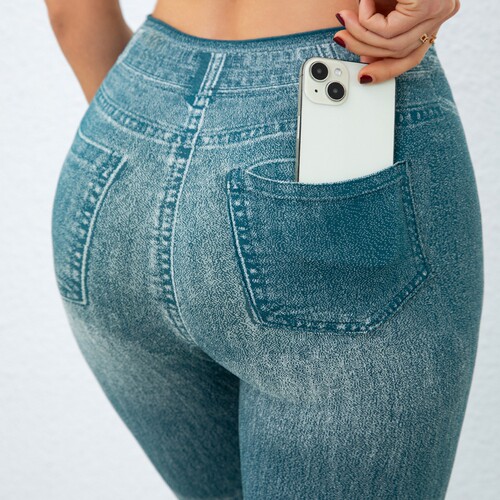 Large size women's euro size high-rise denim croissants belly with pockets seamless trousers high-rise body shaping