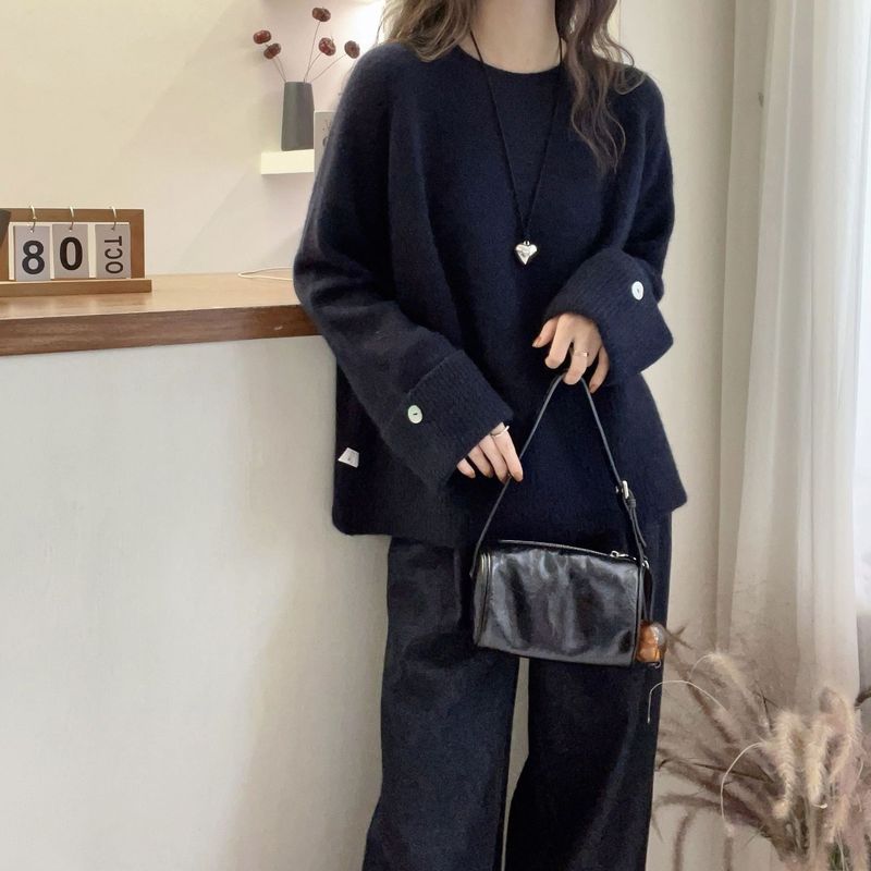 法式高级感袖口加厚圆领毛衣女秋冬软糯慵懒风内搭打底针织衫上衣|undefined