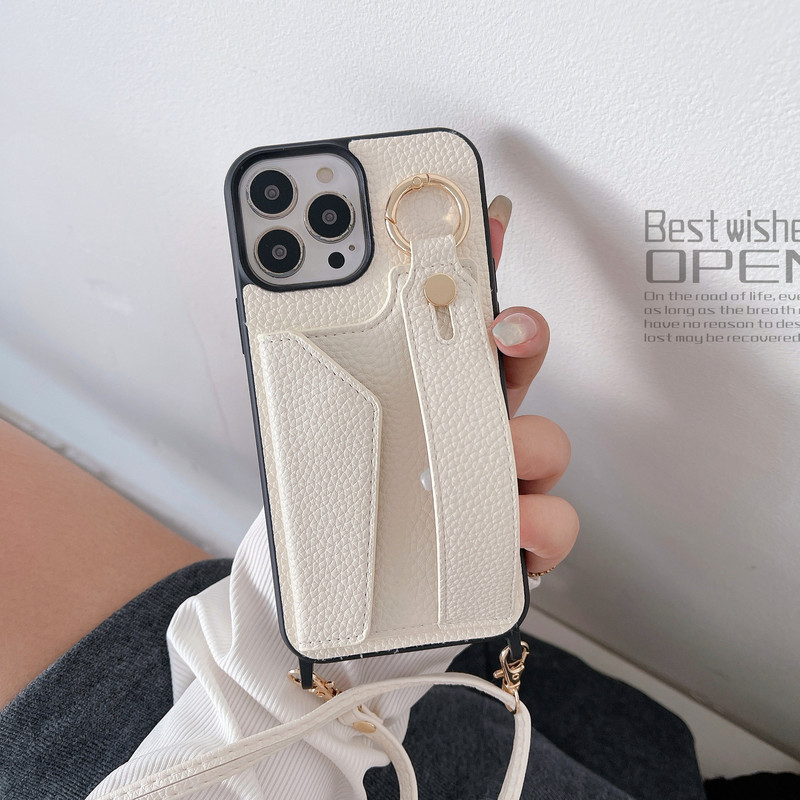 Wrist Strap Phone Case Suitable for iPhone 17 Pro Max, Apple 16/13 Crossbody Shoulder Strap Card Slot Leather Case Handbag