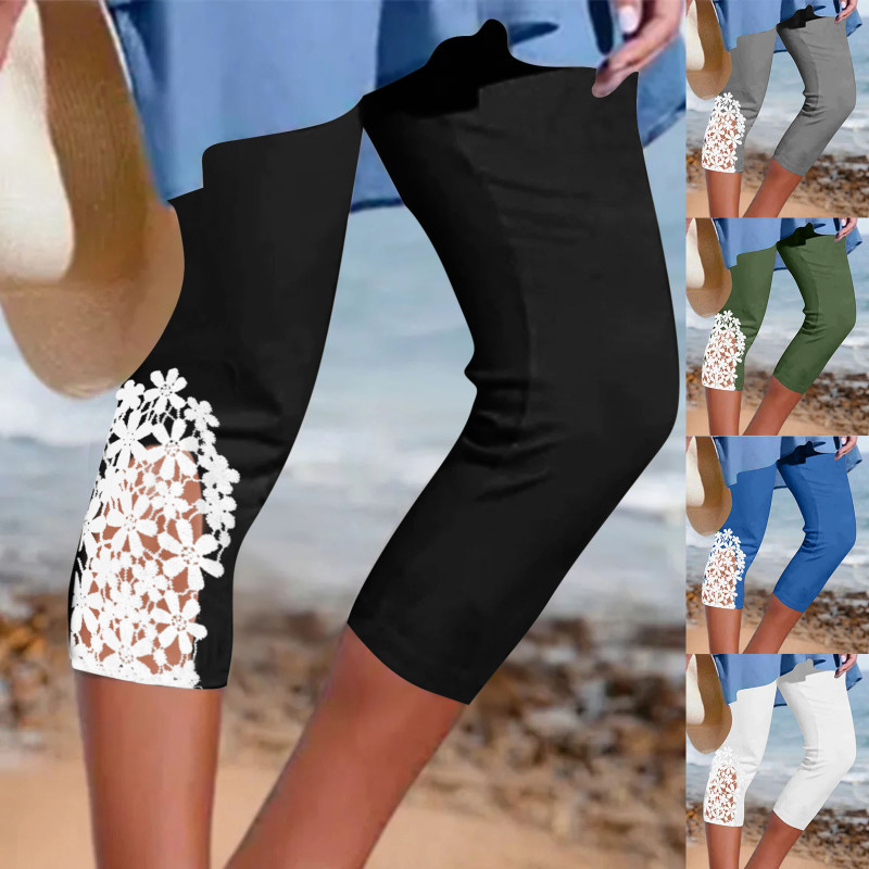 2026 Amazon Cross-Border Women's Summer Solid Color Lace Trim Simple Yoga Pants That Can Be Worn Outside as Capri Pants