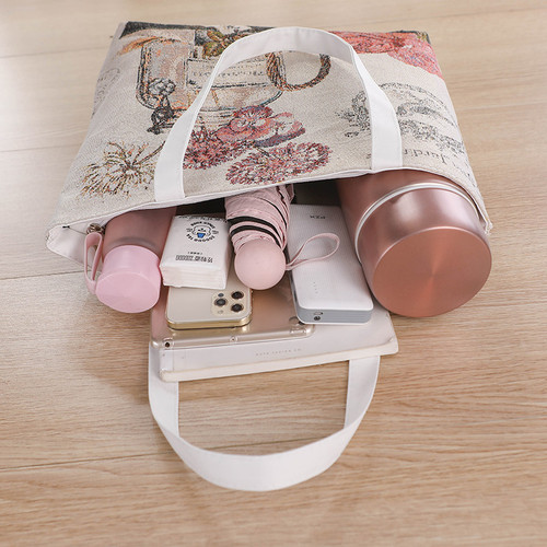 Shoulder bag for women, canvas bag for women, large capacity with zipper, fashionable new woven gold thread cartoon, for students, book style