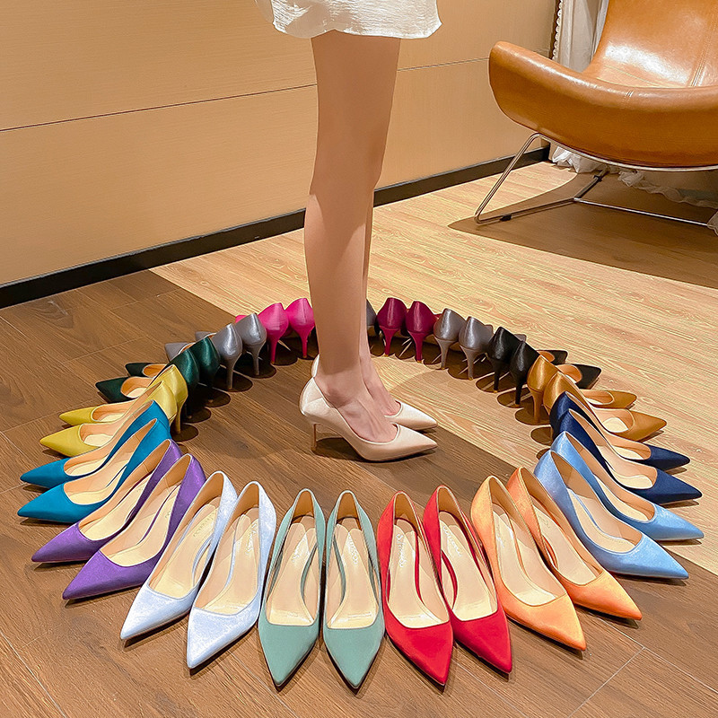 18-Color Flats Silks and Satins High Heels Women's 2025 New Stiletto Pointed Toe Formal Flats Women's Work Shoes