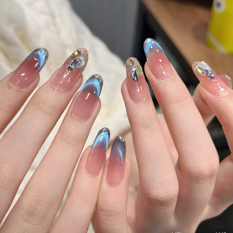 "Ocean Blue Star" Blue Cat-Eye Pure Handmade Wearable Nails 2026 Spring New Model Brightening and Sparkling Nail Stickers