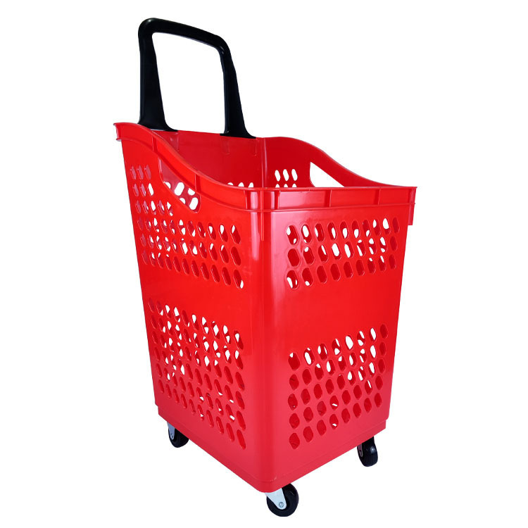 超市购物篮生鲜店买菜推拉蓝塑料带轮子加厚大号商超水果购物筐篮