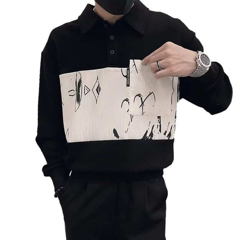 Men's Polo Collar Sweatshirt Contrast Patchwork Pullover Top_voghion.com