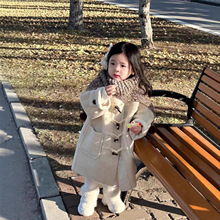 女童大衣呢外套秋冬2025新款儿童连帽中长款气质牛角扣双面呢大衣
