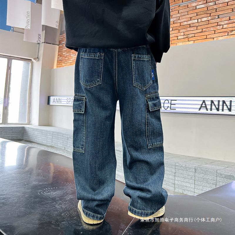 트렌디 브랜드 남성 빅 어린이 스트레이트 툴링 와이드 레그 청바지 가을 2024 새로운 어린이 겨울 기모 느슨한 바지