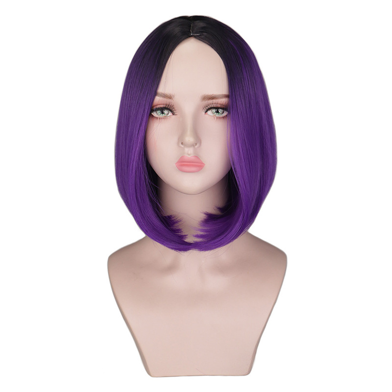 欧米のかつらの女性のファッションの波の頭の黒のグラデーションの紫のショートヘアのboboの頭の中で短いストレートヘアの化繊の頭のカバーの卸売りを分けます。|undefined