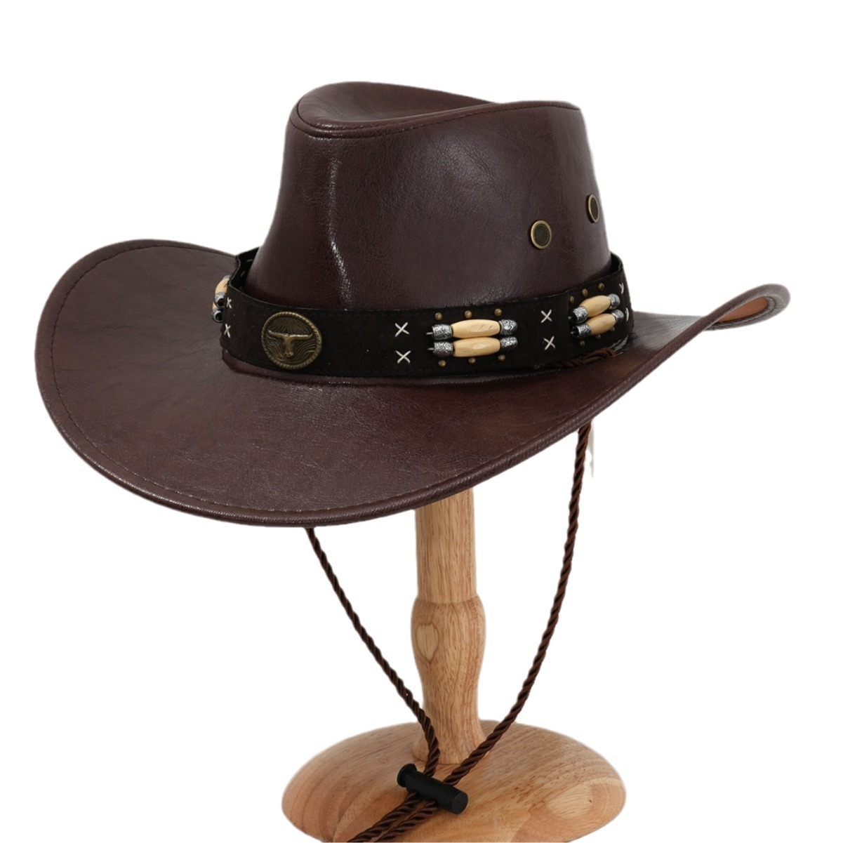 Retro Western Cowboy Hat PU Leather Metal Sun Beaded Heavy Motorcycle Stage Performance Trendy Men's Hat_voghion.com