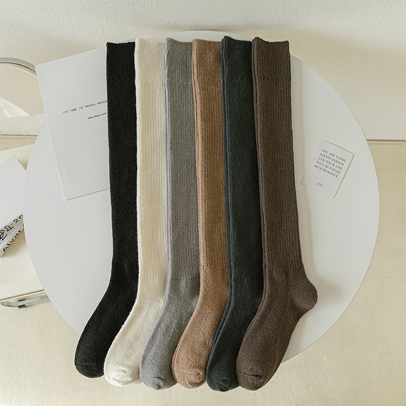 襪子女日系jk純色羊毛過膝襪ins冬季加絨加厚保暖護膝小腿襪黑白