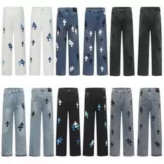 25 High Street American Pants with Leather Cross Limited Loose Handsome Men's and Women's Washed Pants Straight leg Jeans
