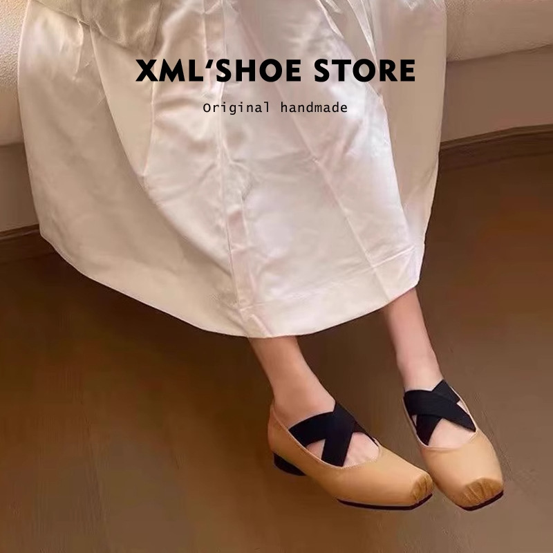 Grape Mom's Same Style Pig Nose Square Toe Color-Blocked Retro Mary Jane Cross-Strap Chunky Heel Ballet Shoes Dance Shoes
