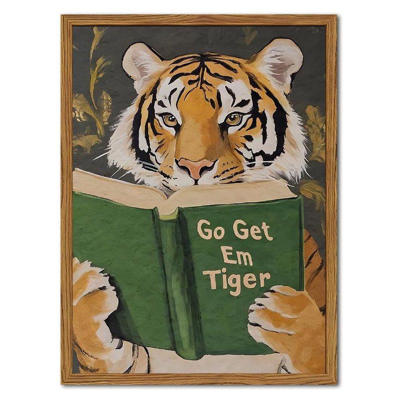 Cross-border TEMU Tiger Reading and Eating Pizza Print Cartoon Animal Theme Decorative Painting for Bedroom Wall Decoration Cross-border TEMU Tiger Reading and Eating Pizza Print Cartoon Animal Theme Decorative Painting for Bedroom Wall Decoration