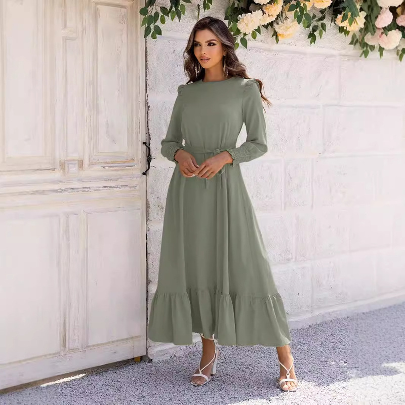 Cross-Border Women's Casual Swing Dress Plain Long Dress with Ruffles, Fashionable and Elegant Round Neck and Long Sleeves