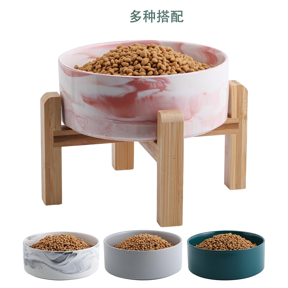 Tazón para perros de Amazon transfronterizo Tazón de arroz de mármol para gatos Marco de madera de bambú de patas altas Tazón para beber Tazón para comida para gatos Tazón para gatos Cerámica