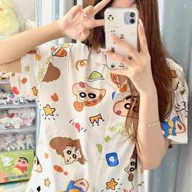 日系卡通睡衣女夏季新款蜡笔小新短袖短裤可爱家居服休闲两件套薄