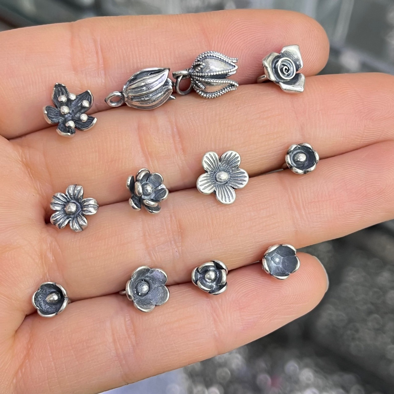 山西老银复古三七银花朵玫瑰花苞提溜吊坠流苏帽DIY文玩饰品配件