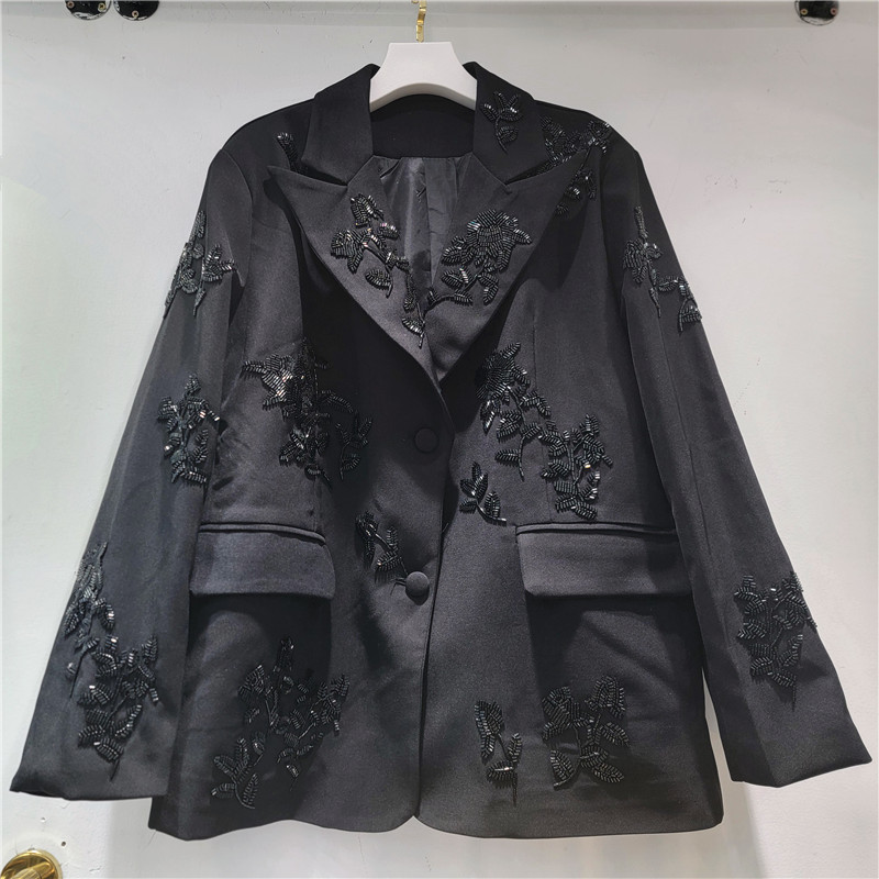 Saco Blazer Mediano con Lentejuelas para Mujer Algodón Poliéster Manga Larga Cuello de Solapa
