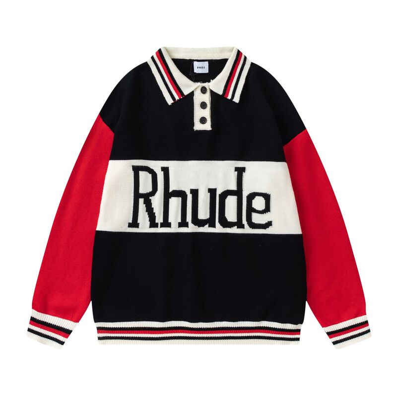 跨境欧美潮牌RHUDE字母提花拼接撞色翻领polo针织衫男女毛衣外套|undefined