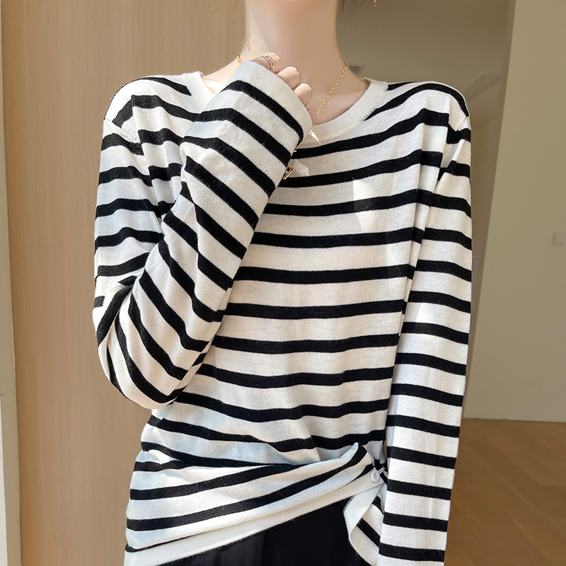 Worsted Wool Contrast Striped Crewneck Sweater Women's Fashionable All-match Two-wear Age-reducing Loose Casual Thin Sweater