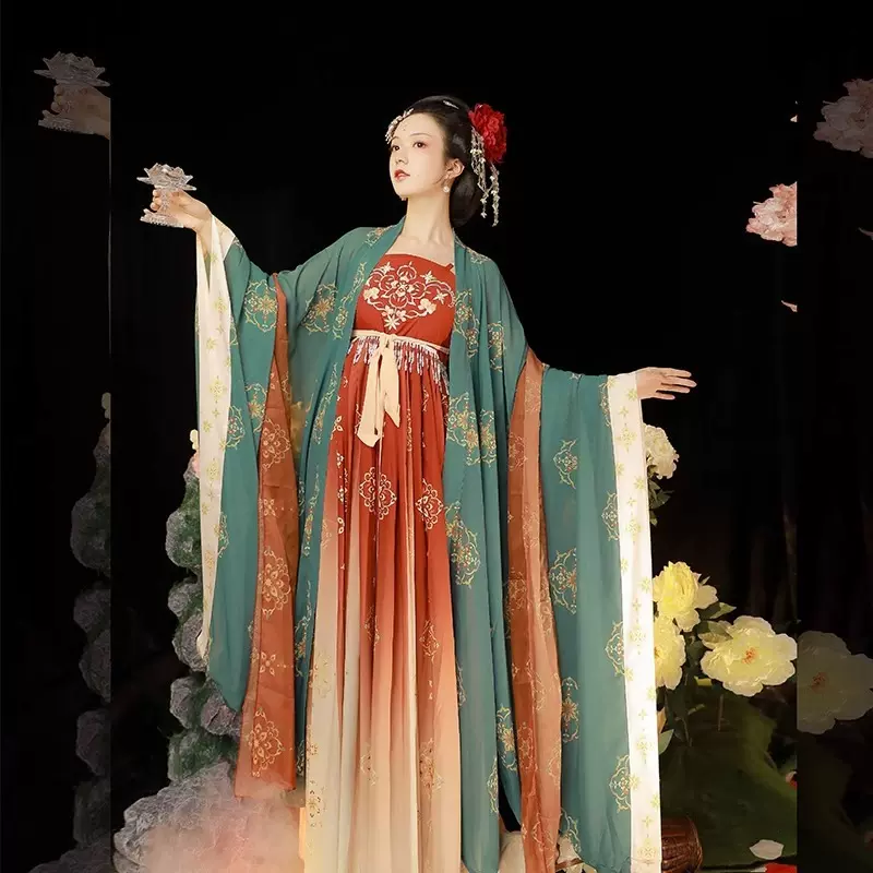 原创汉服女2024新款唐制复原图春秋夏季刺绣诃子裙大袖衫古装套装