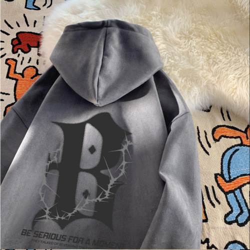 High-end versatile fashion brand trendy square shoulder winter letter suede long sleeve men's casual hoodie couple top for men