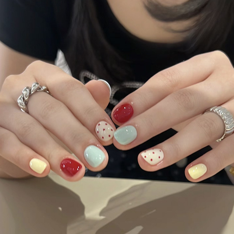 [Little Sweet Bean] Pure Hand-worn Methamine Dopamine Macaron ins Beanie A Short Nail Manicure Patch