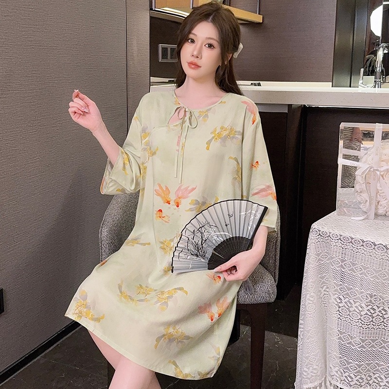 New Chinese-Style Women's Pajamas for Spring and Summer, Mid-Sleeve Cotton Silk Nightgown, National Style Rayon Loose Plus-Size, Factory Direct Sale, Can Be Worn Outside