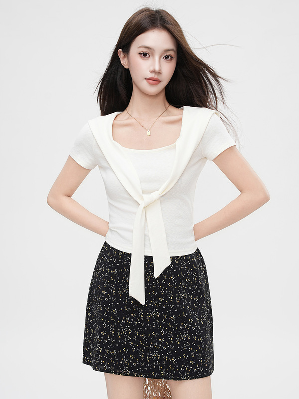 Jiyou グレーパープルフェイクツーピースデザインショール V ネック半袖 Tシャツ女性の夏ニッチスリムショートトップ|undefined