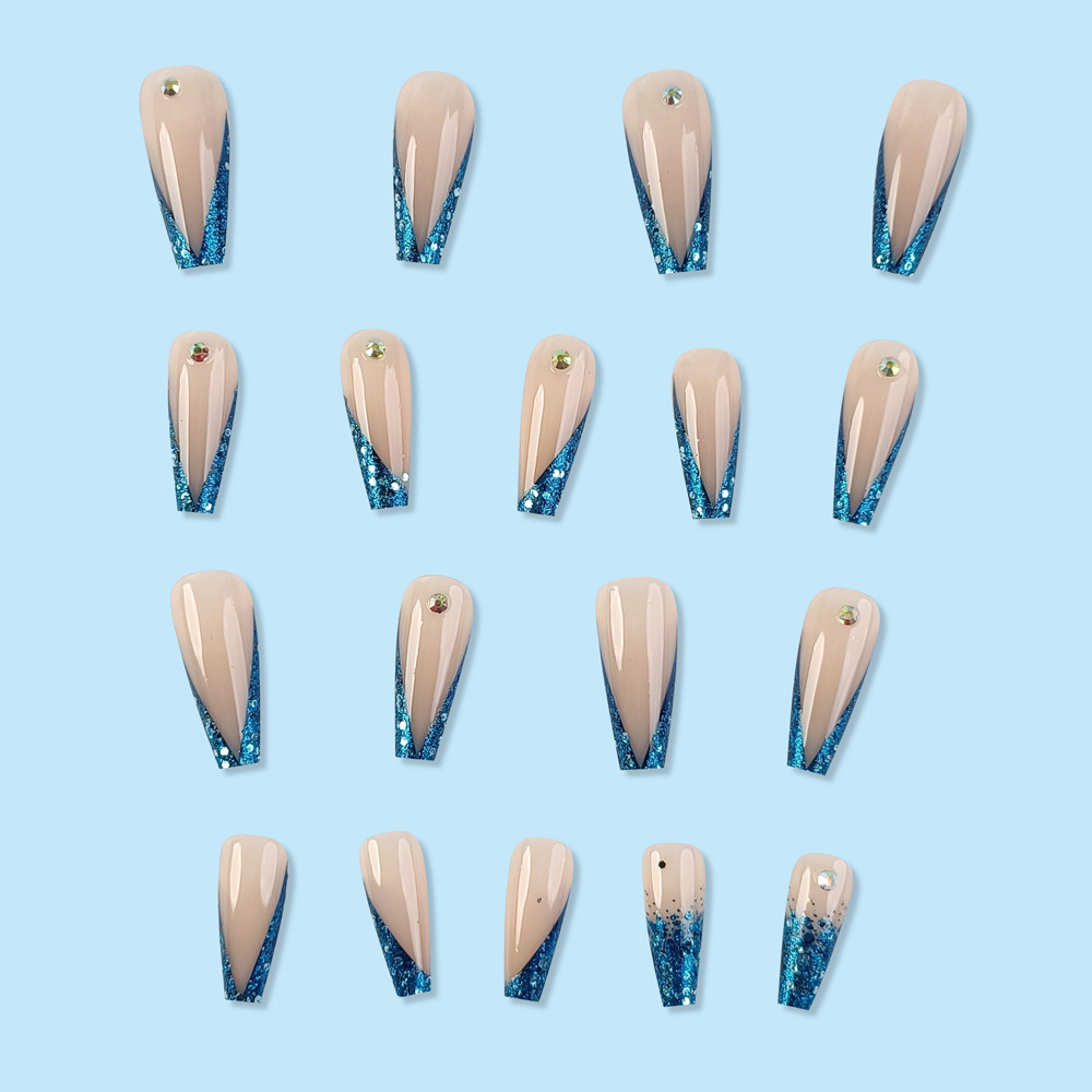 Polvo de brillo azul de mar profundo manicuría francesa comercio exterior perforación de moda dulce y fresca chica caliente estilo de vestir uñas 24 piezas de parche de uñas falsas