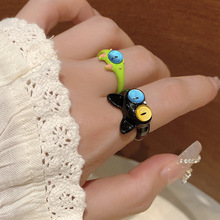 可爱搞怪小怪兽异瞳猫咪开口戒指女小众设计闺蜜情侣一对食指指环