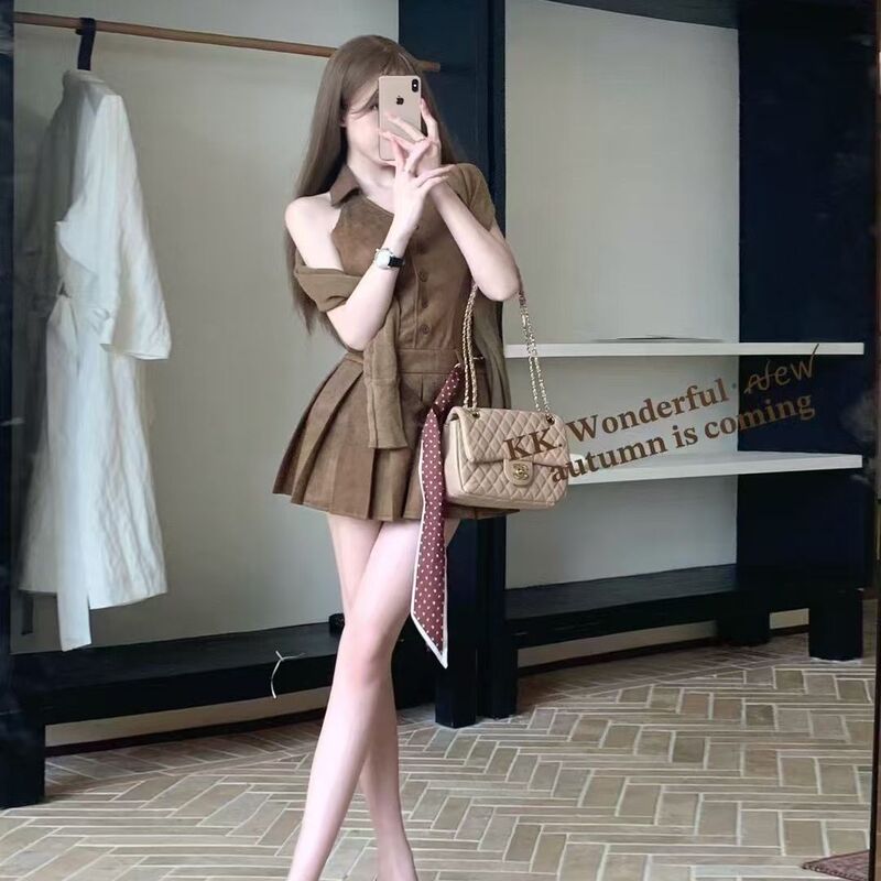 辣妹25美拉德穿搭秋季新款气质显瘦无袖背心连衣裙女配腰带开衫|undefined
