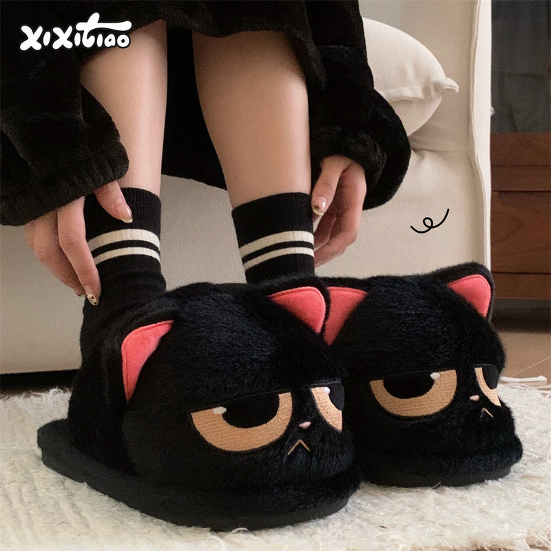 Thin Strips Angry Little Black Cat Cotton Slippers for Men and Women Winter Couples Cute Non-Slip Warm Stuffed Home Shoes Thin Strips Angry Little Black Cat Cotton Slippers for Men and Women Winter Couples Cute Non-Slip Warm Stuffed Home Shoes