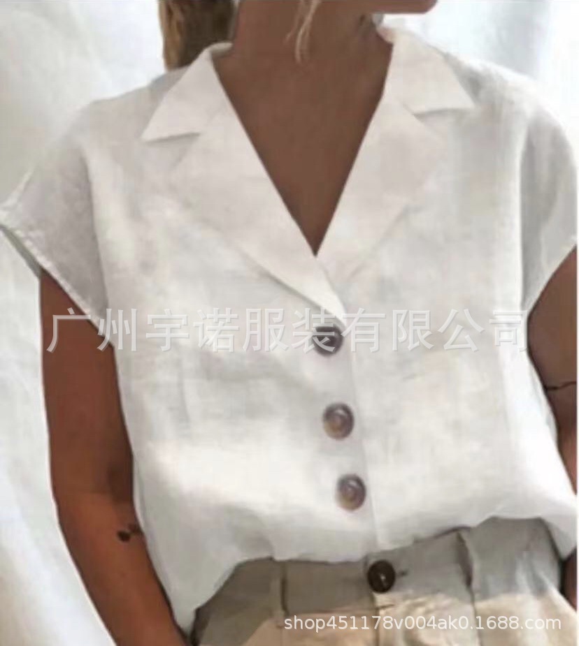 2023 europeo y americano Amazon estación independiente verano mujeres populares casual color sólido algodón y lino botón más tamaño camisa suelta