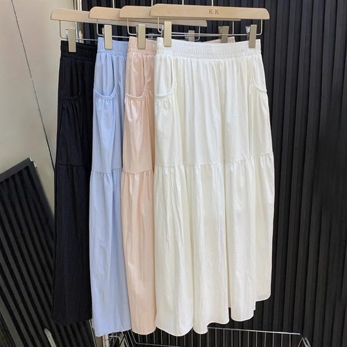 Anti-wrinkle casual Yamamoto skirt with pockets, high-waisted, slimming, cake skirt, literary and retro, versatile, parasol skirt, spring and summer