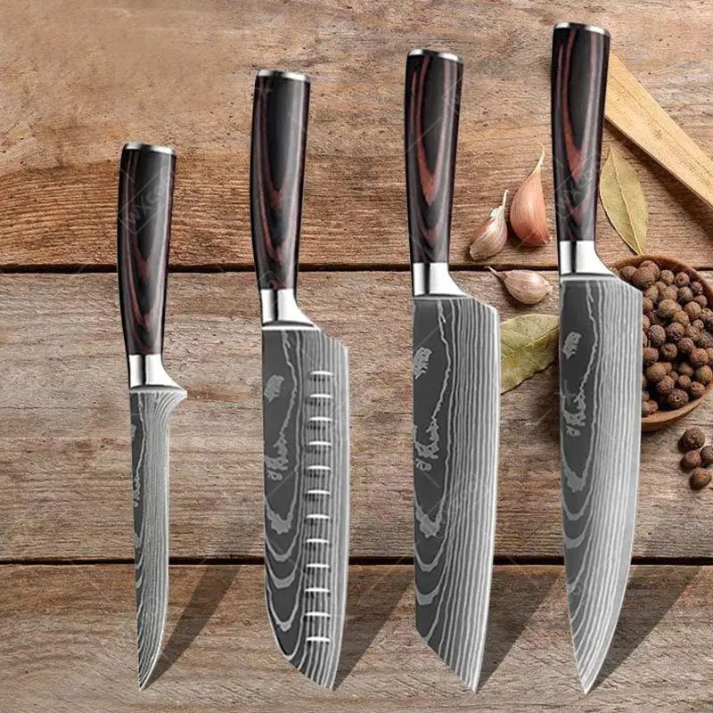 Cross-Border Popular Color Wood Handle Stainless Steel Kitchen Knife Set for Cooking, Cutting Vegetables and Fruits Santoku Knife Household Kitchen Utensils