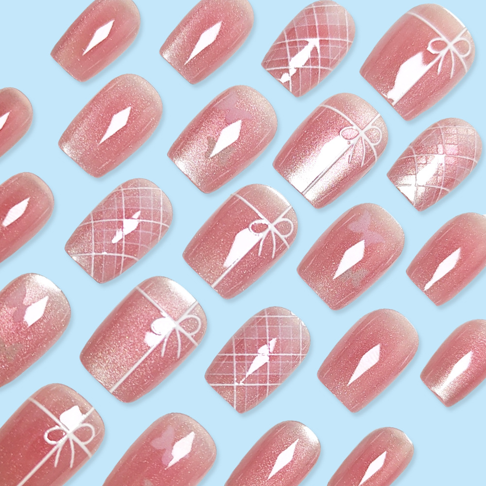 Ojos de gato en relieve, corazón de niña, uñas rosa, arco dulce y delicado, 24 piezas de parches de uñas terminados.