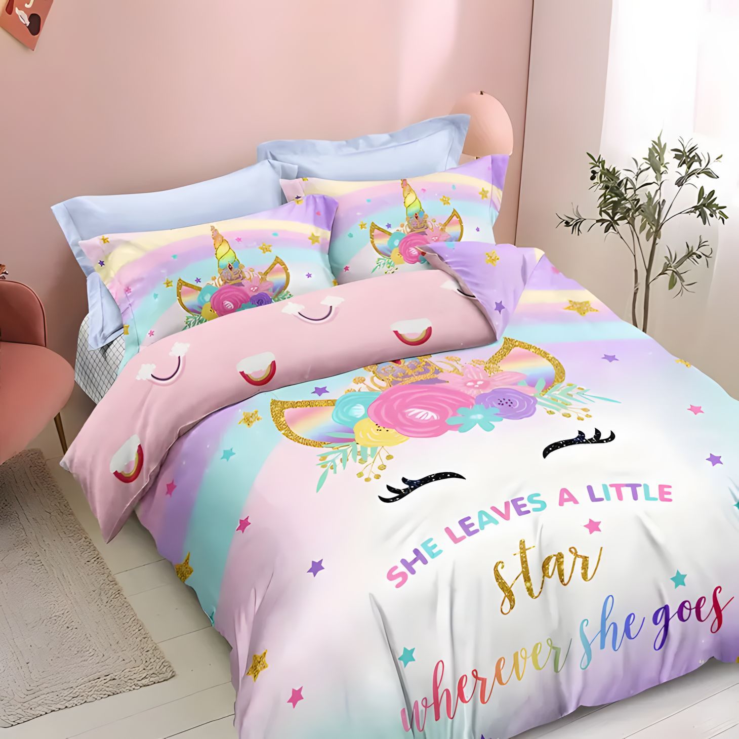 TEMU / JIT Sweet Child Heart Unicorn Princess Colchón Colchón Kit de ropa de cama para dibujar