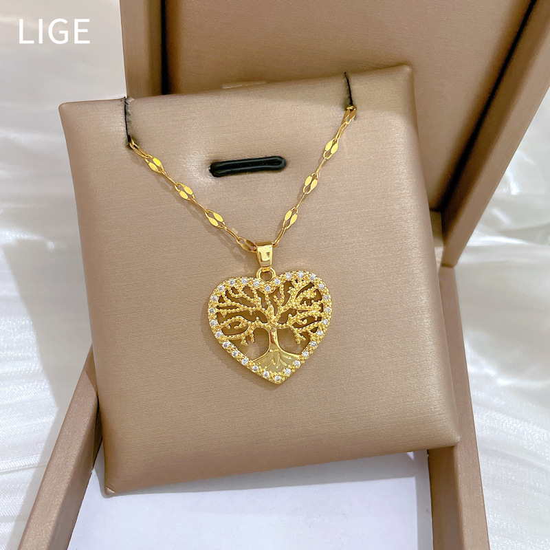 Gorgeous Tree Of Life Full Diamond Necklace Titanium Steel Chain_voghion.com