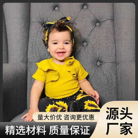外贸婴儿女童套装春夏季新款套装短袖坑条哈衣花朵印花长裤三件套