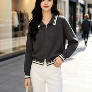秋冬新款慵懒风polo领针织开衫女气质百搭短款小众薄款外套
