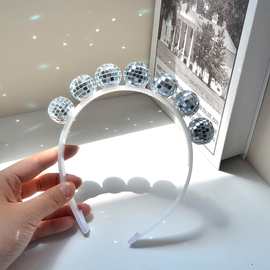 跨境新款迪斯科发箍酒吧KTV银色镜面球头箍Disco派对舞会装饰用品