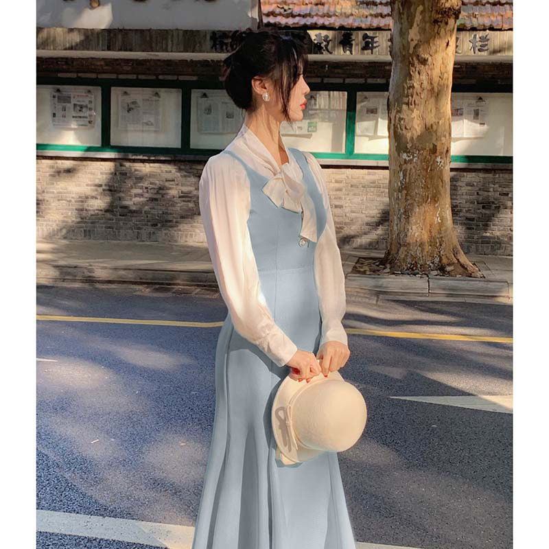 法式假两件撞色小香风长袖连衣裙女秋2025新款高级感宽松气质长裙|undefined