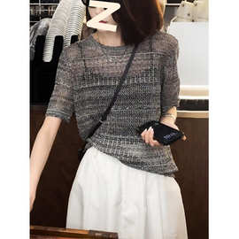 冰丝镂空慵懒短袖针织衫女2025新款夏季宽松小个子休闲洋气上衣女