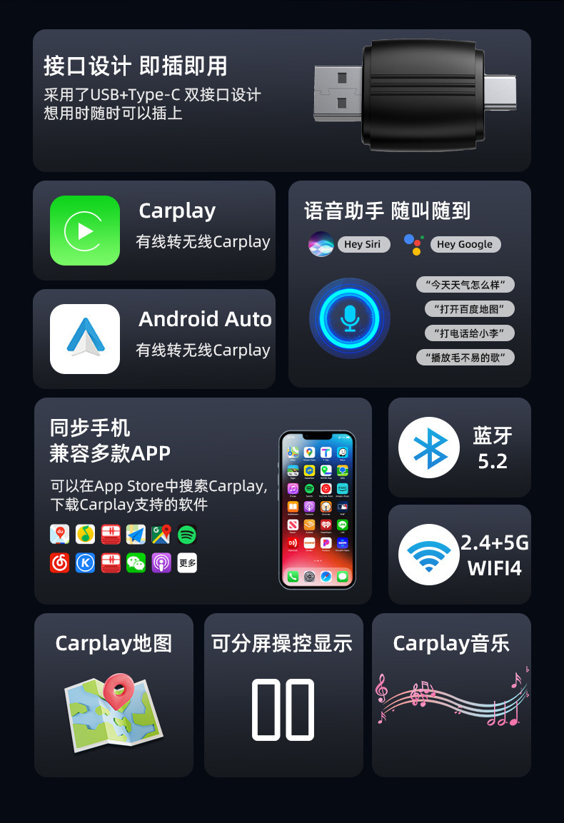 Cross-Border Carplay Box Wired to Wireless Dual-Head Wireless Carplay Adapter Car-Machine Interconnection Box